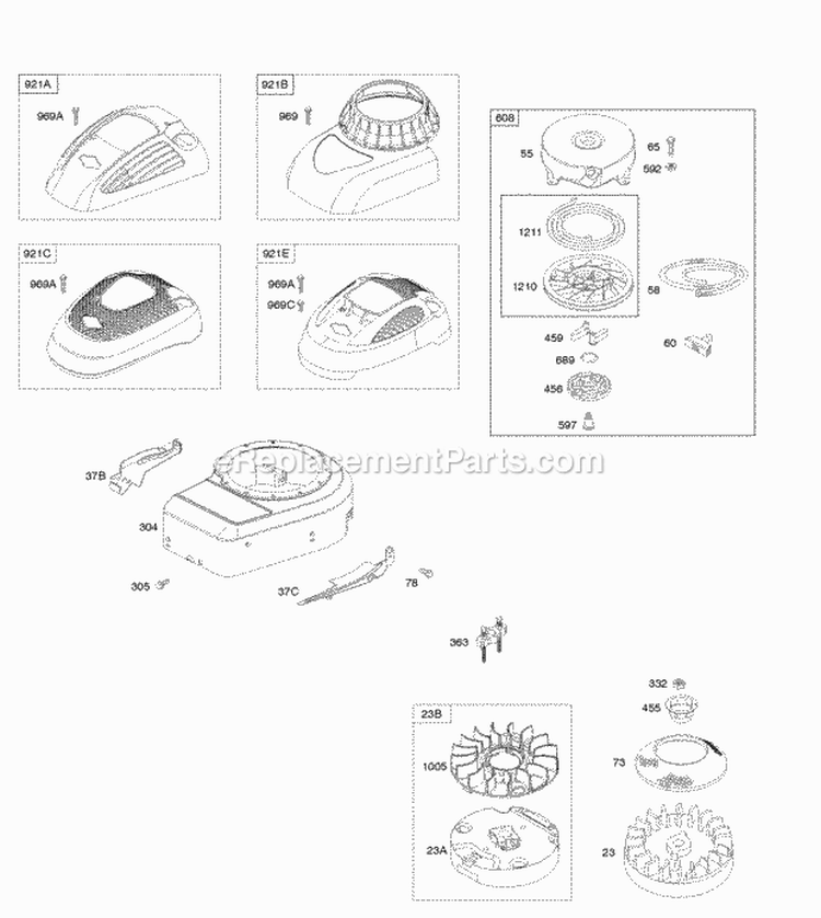 Blower HousingShrouds Flywheel Rewind Starter Diagram and Parts List for 10T602-0125-H1  Briggs and Stratton Engine